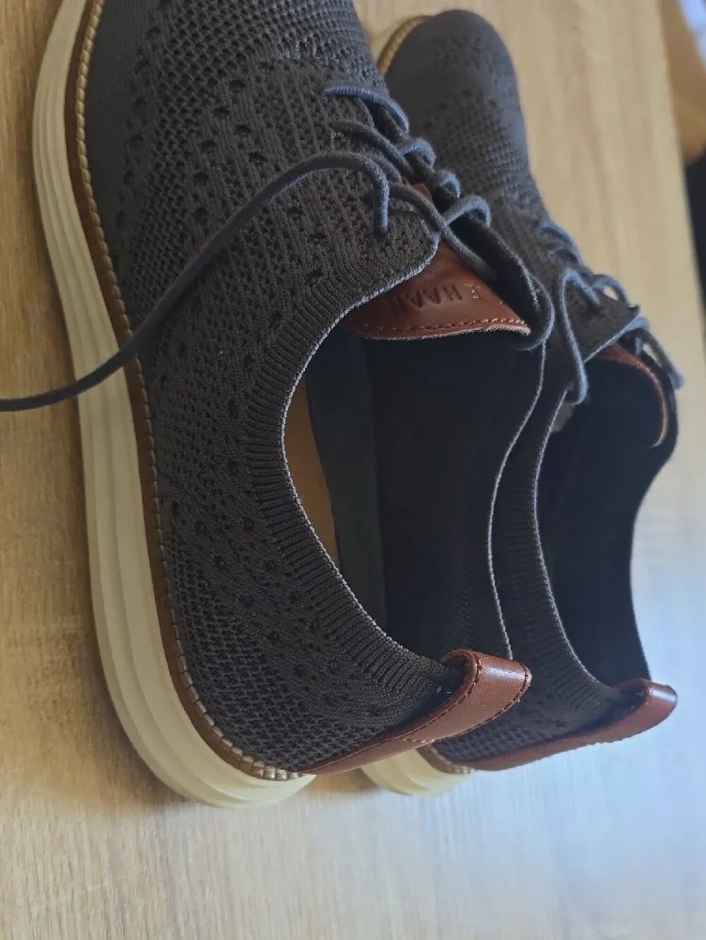 Cole Haan Men's Dark Brown Knit Wingtip Derbys with White Sole
